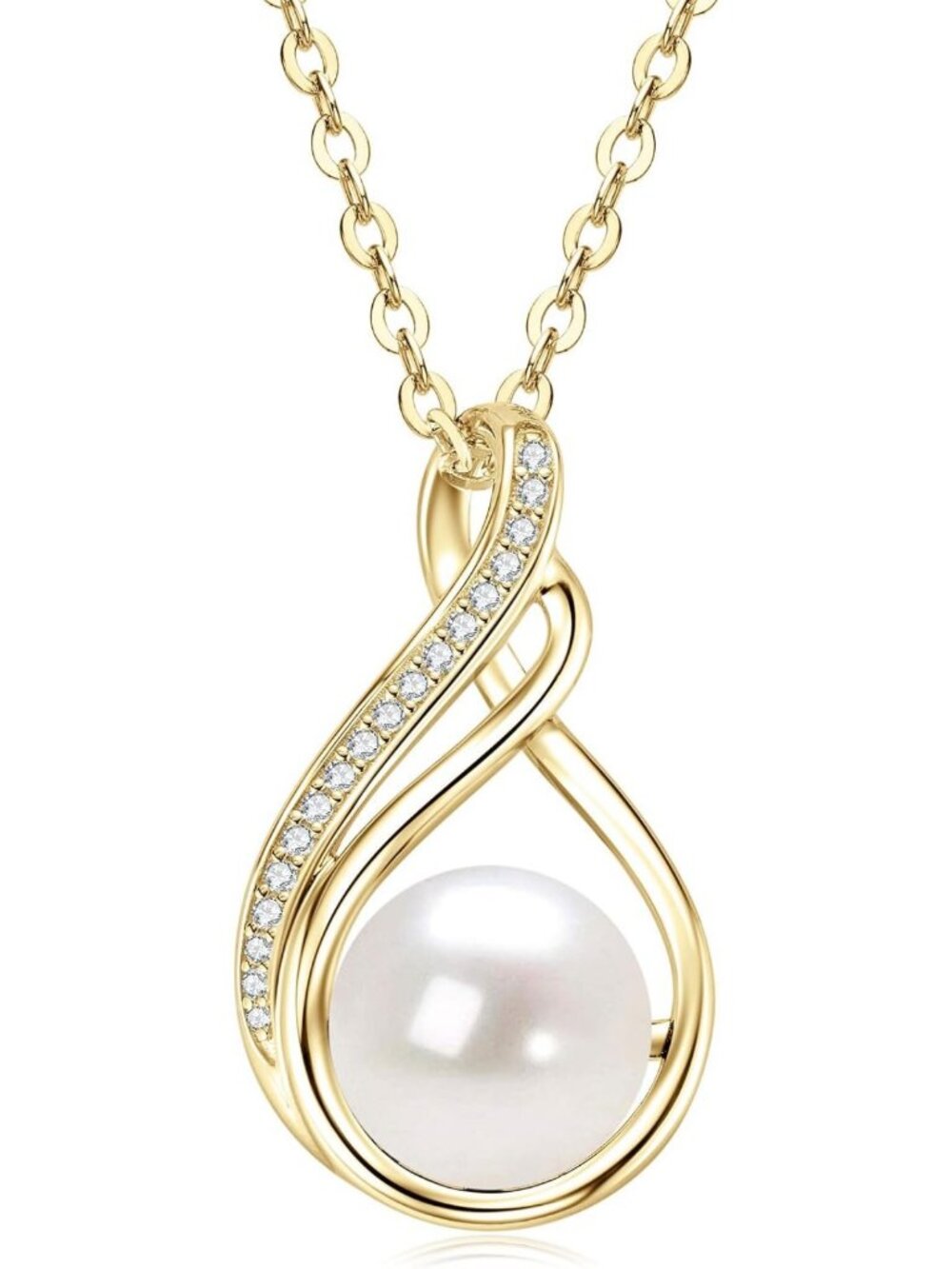 Elegant 14K Gold Plated Pearl Necklace with Moissanite Accents - Perfect Gift